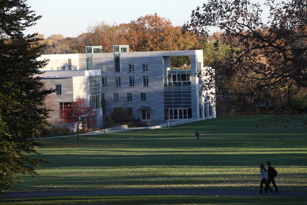 Swarthmore's Mertz Lawn before drilling began for the geoexchange project. Credit: Courtesy of Swarthmore College