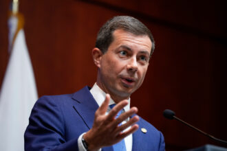 Transportation Secretary Pete Buttigieg speaks during a news conference at the Department of Transportation headquarters on Sept. 27, 2023 in Washington, DC. Credit: Drew Angerer/Getty Images