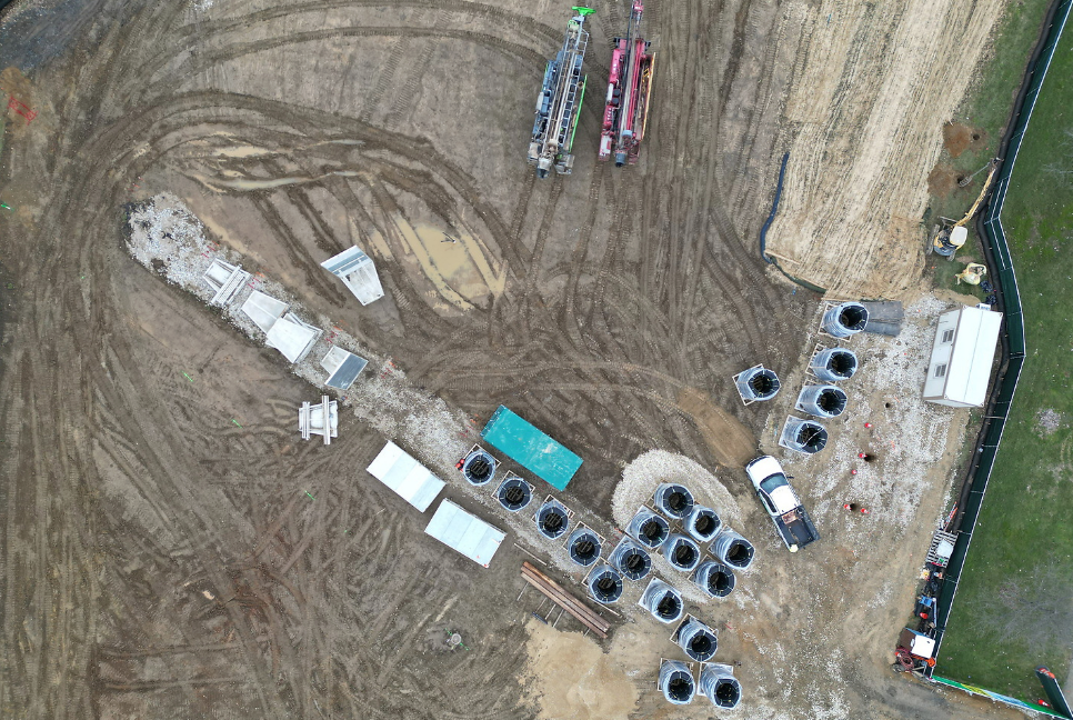 An aerial view of the well field on Mertz Lawn. Mertz Lawn will eventually be restored to its original state. Credit: Courtesy of Swarthmore College